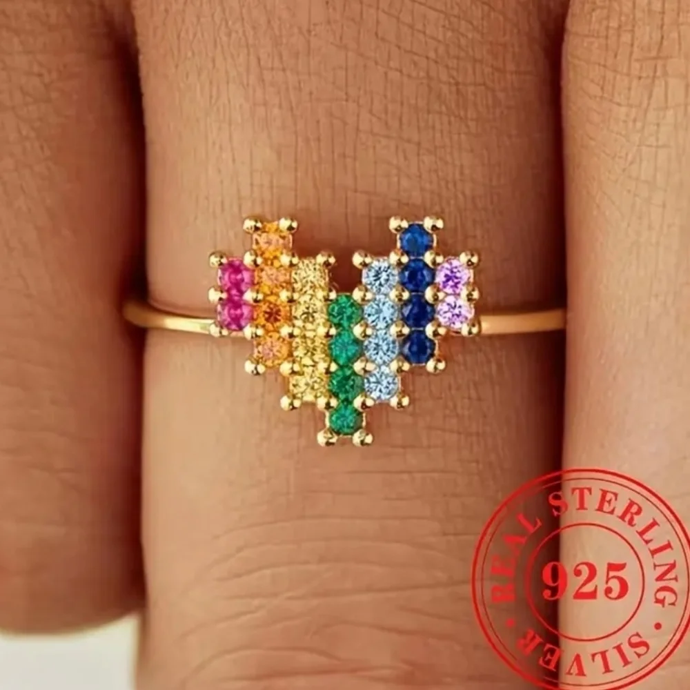 925 Colorful Heart Sterling Silver Ring Sz 7
